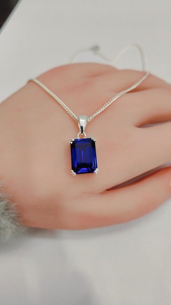 Lab Created Blue Sapphire Necklace, 925 Sterling Silver Necklace