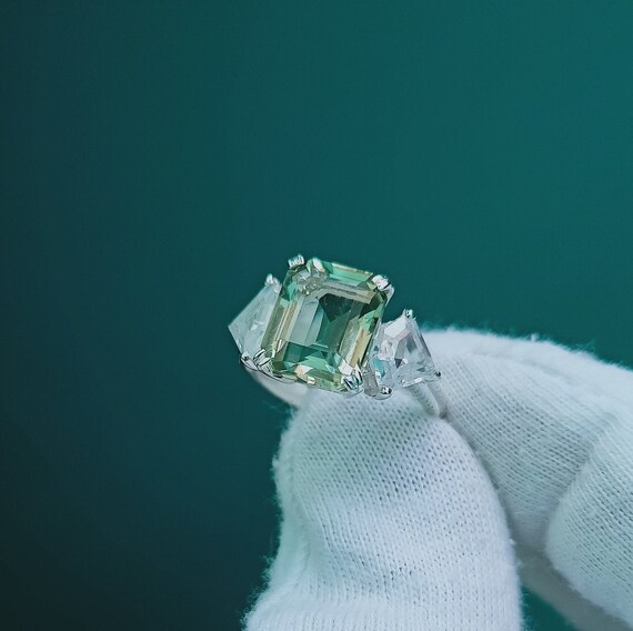 NATURAL Green Amethyst Ring 925 Sterling Silver Ring Diamond Cut
