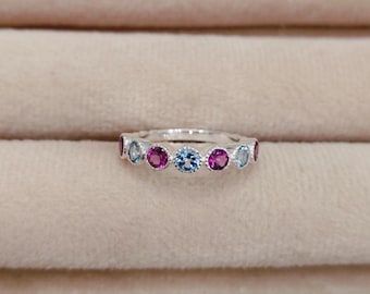 Aquamarine band ring, rhodolite garnet band ring, 925 sterling silver ring multi gemstone band round aquamarine ring round rhodolite garnet