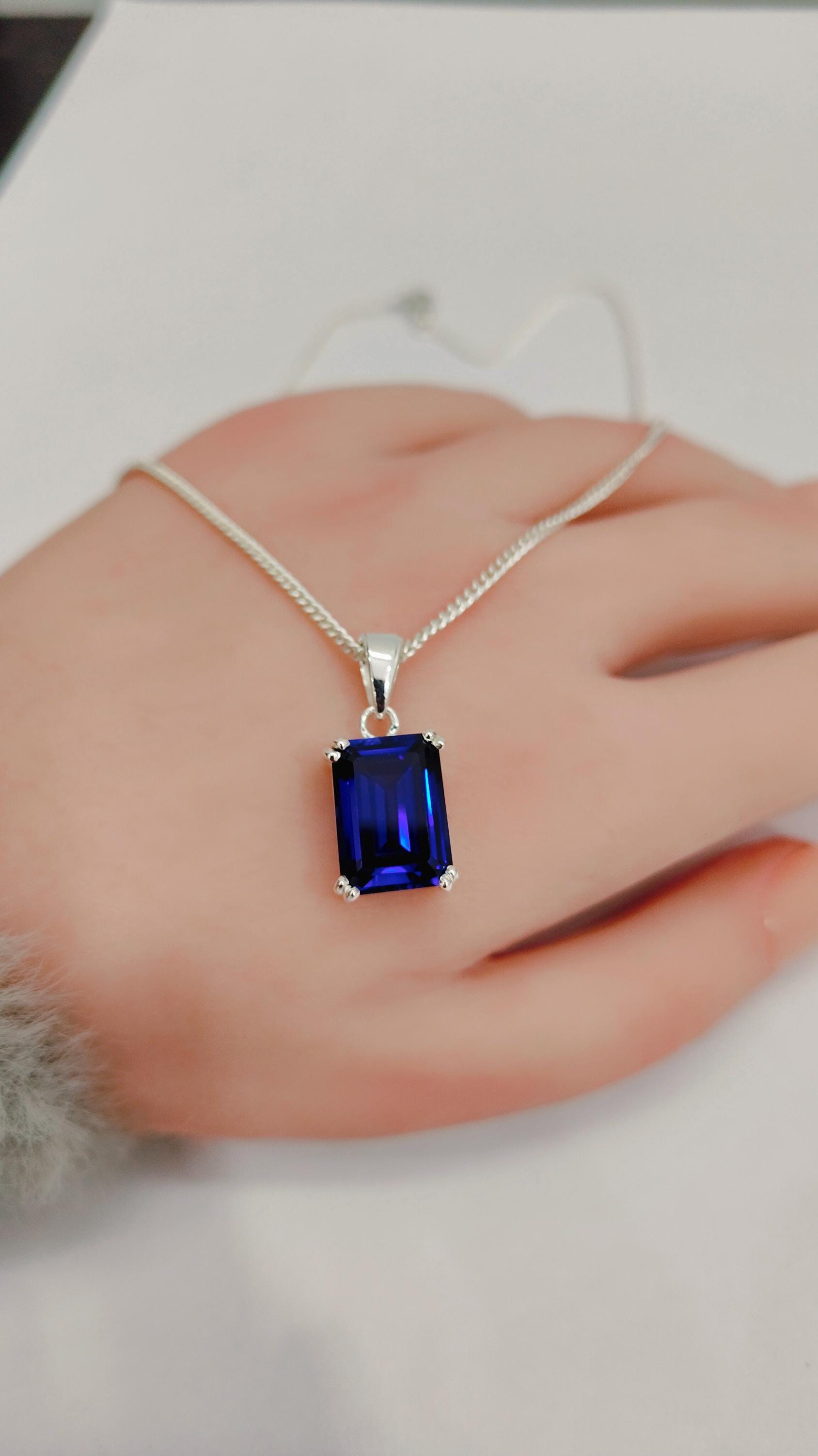 Lab Created Blue Sapphire Necklace, 925 Sterling Silver Necklace