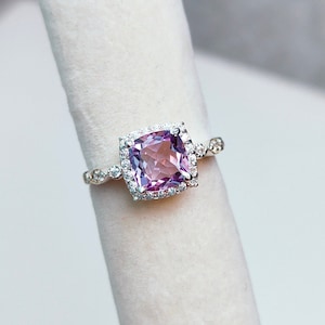 rose de France halo ring, cushion cut rose de france, pink amethyst ring, 925 sterling silver ring, lavender amethyst ring, ring for gift