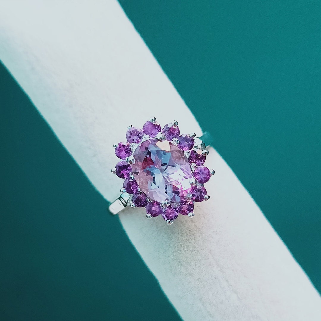Rose De France Amethyst Halo Ring, 925 Sterling Silver Ring, Pink Amethyst African Amethyst Ring