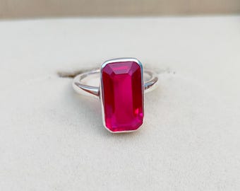 Anillo de rubí rojo, anillo de rubí rojo octogonal, anillo de plata de ley 925, anillo de plata con rubí de talla esmeralda, anillo de bodas con rubí, anillo de rubí rojo cultivado en laboratorio