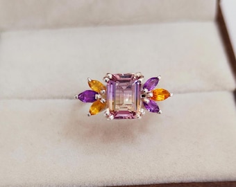 Natural Ametrine Ring, 925 sterling Silver Ring, octagon cut ametrine ring, marquise amethyst and citrine ring, Bi color ametrine ring