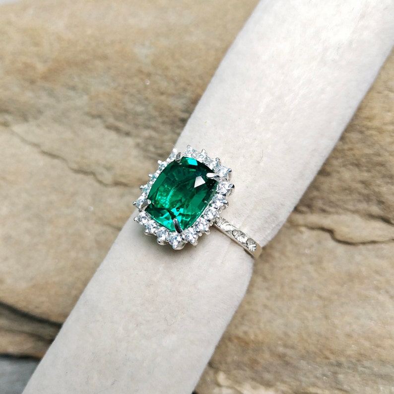 Lab Created Emerald Halo Ring 925 Sterling Silver Ring Lab Etsy