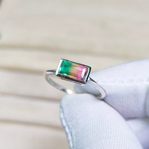 Watermelon Tourmaline Ring, 925 Sterling Silver Ring, Tourmaline Doublet Quartz Ring, Baguette Watermelon Tourmaline, Bi color stone Ring