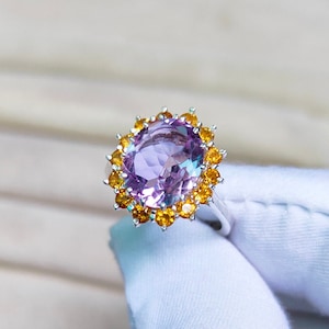 Anillo de halo de amatista Rose De France, anillo de plata de ley 925, anillo de citrino de amatista rosa, anillo de amatista de corte ovalado, anillo de halo de citrino de amatista