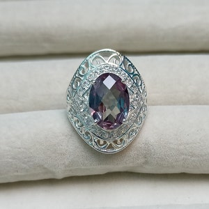 Lab Created Alexandrite Ring, 925 Sterling Silver Ring, Alexandrite Halo Ring, Oval Cut Alexandrite Ring, Color Change Stone Ring