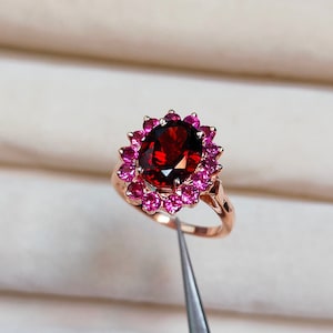 Roter Granat Halo Ring, Rhodolith Granat Ring, 925 Sterling Silber Ring, Oval Facettierten Roten Granat Ring, Multi Rhodolith Granat Ring