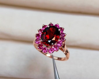 Red Garnet Halo Ring, Rhodolite Garnet Ring, 925 Sterling Silver Ring, Oval Faceted Red Garnet Ring, Multi Rhodolite Garnet Ring