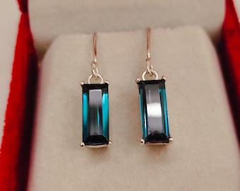 Teal Sapphire Earrings, Baguette Teal Sapphire Earrings, 925 Sterling Silver Earrings, Teal Sapphire wedding earring lab grown teal sapphire