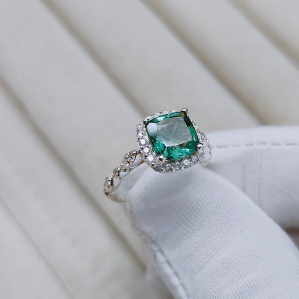 Green sapphire halo ring cushion cut green sapphire ring Sterling silver ring wedding ring teal sapphire ring lab grown sapphire ring