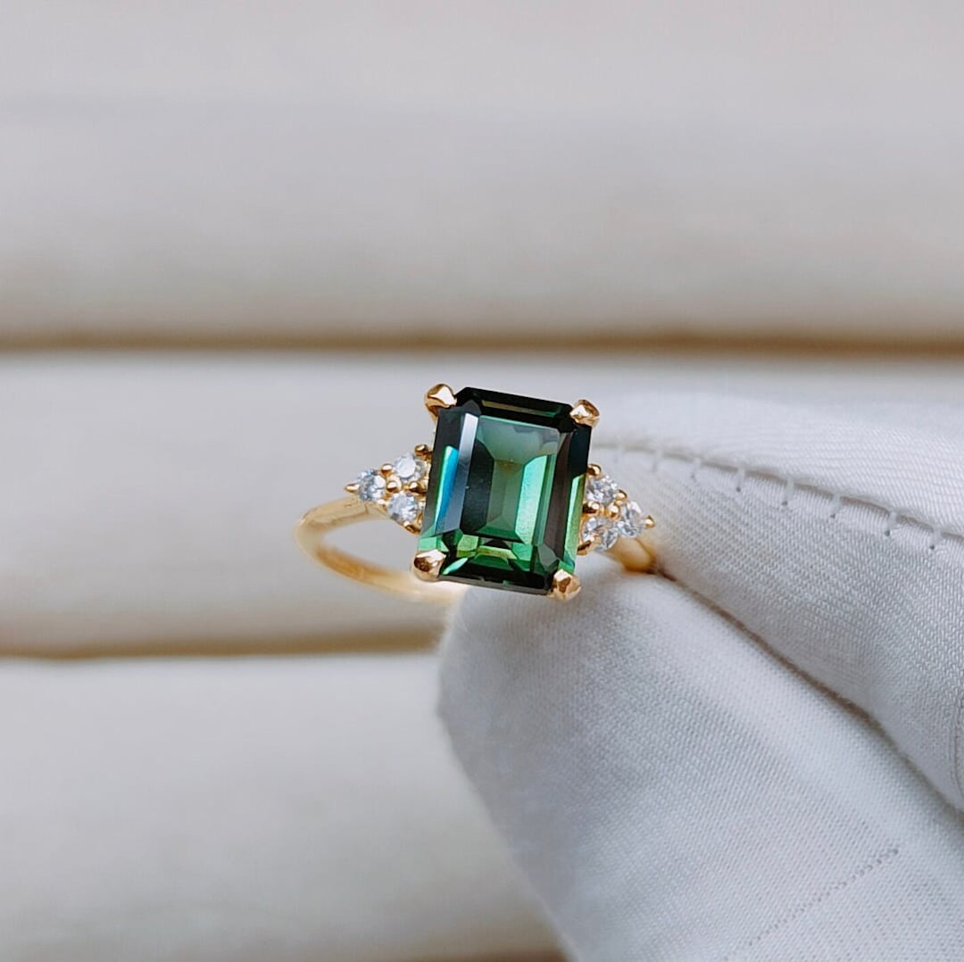 Teal Green Sapphire Ring, Octagon Cut Teal Sapphire Ring, 925