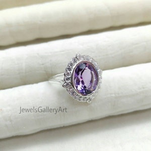 Rose De France Amethyst Halo Ring, 925 Sterling Silver Ring, Pink Amethyst Silver Ring, Oval cut Amethyst Ring, rose de france ring