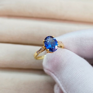 Blue Sapphire Ring, Oval Cut Blue Sapphire Ring, 925 Sterling Silver Ring, Lab Created Blue Sapphire Ring, lab grown sapphire ring for gift