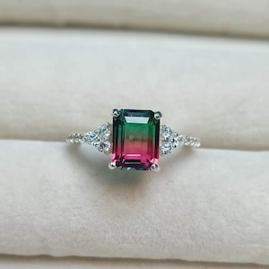 Watermelon Tourmaline Ring, 925 Sterling Silver Ring Tourmaline Doublet Quartz Silver Ring Octagon Watermelon Tourmaline Bi color stone Ring