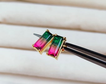 Pendientes de turmalina sandía, pendientes de plata de ley 925, pendientes de turmalina, pendientes de cuarzo doblete de turmalina, piedra bicolor