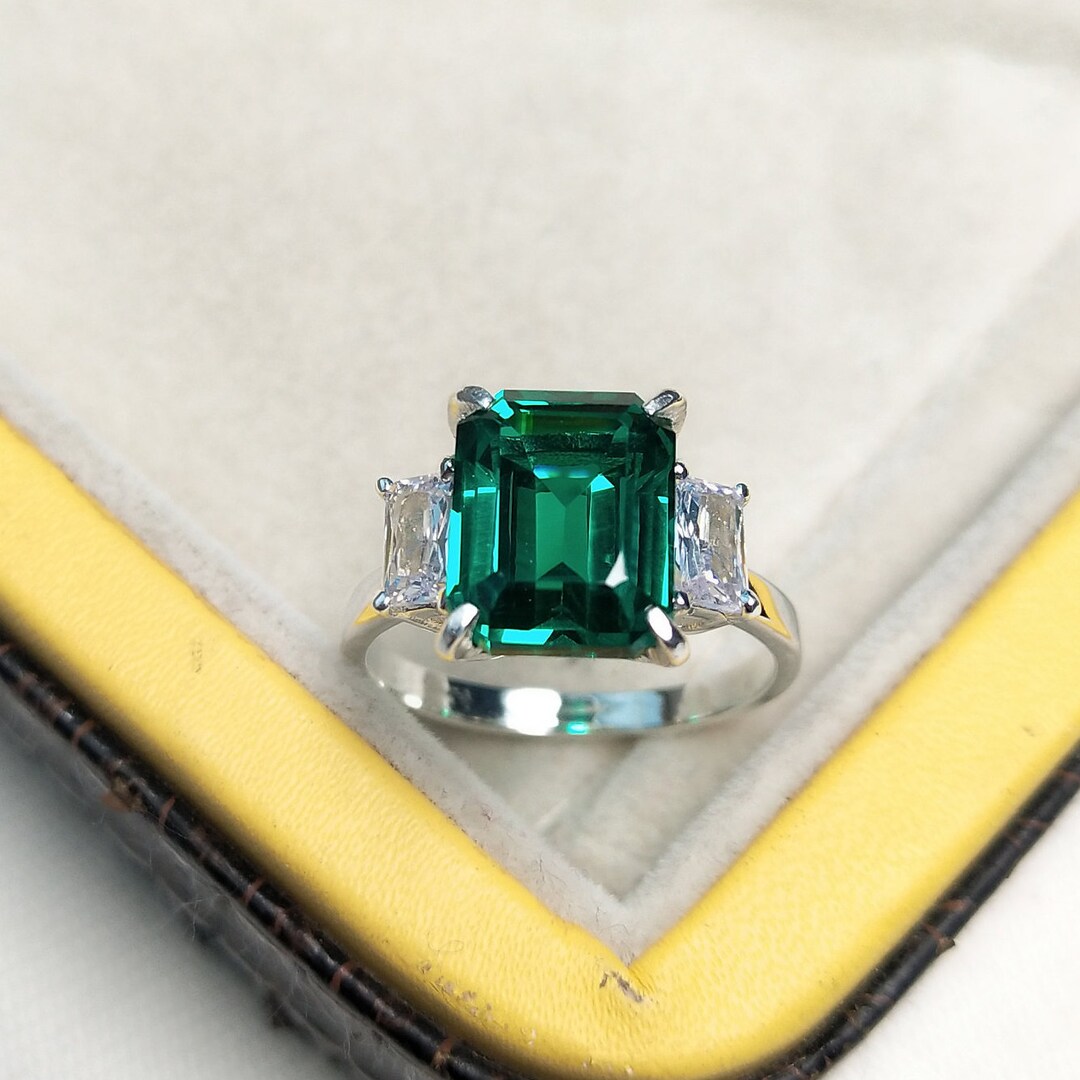 Lab Created Emerald Ring, 925 Sterling Silver Ring, Octagon Cut Lab Emerald Ring, Green Gemstone