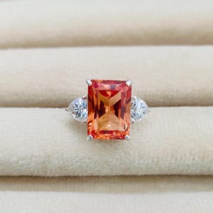 padparadscha sapphire Moissanite Ring, 925 sterling silver ring, radiant cut padparadscha sapphire ring, real moissanite ring
