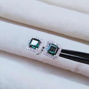 teal sapphire stud earrings. square teal sapphire stud earrings Sterling silver earrings teal sapphire halo earrings lab grown teal sapphire