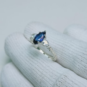 Lab Created Blue Sapphire Ring, 925 Sterling Silver Ring, deep blue sapphire ring, marquise cut created blue sapphire ring, Ring for gift