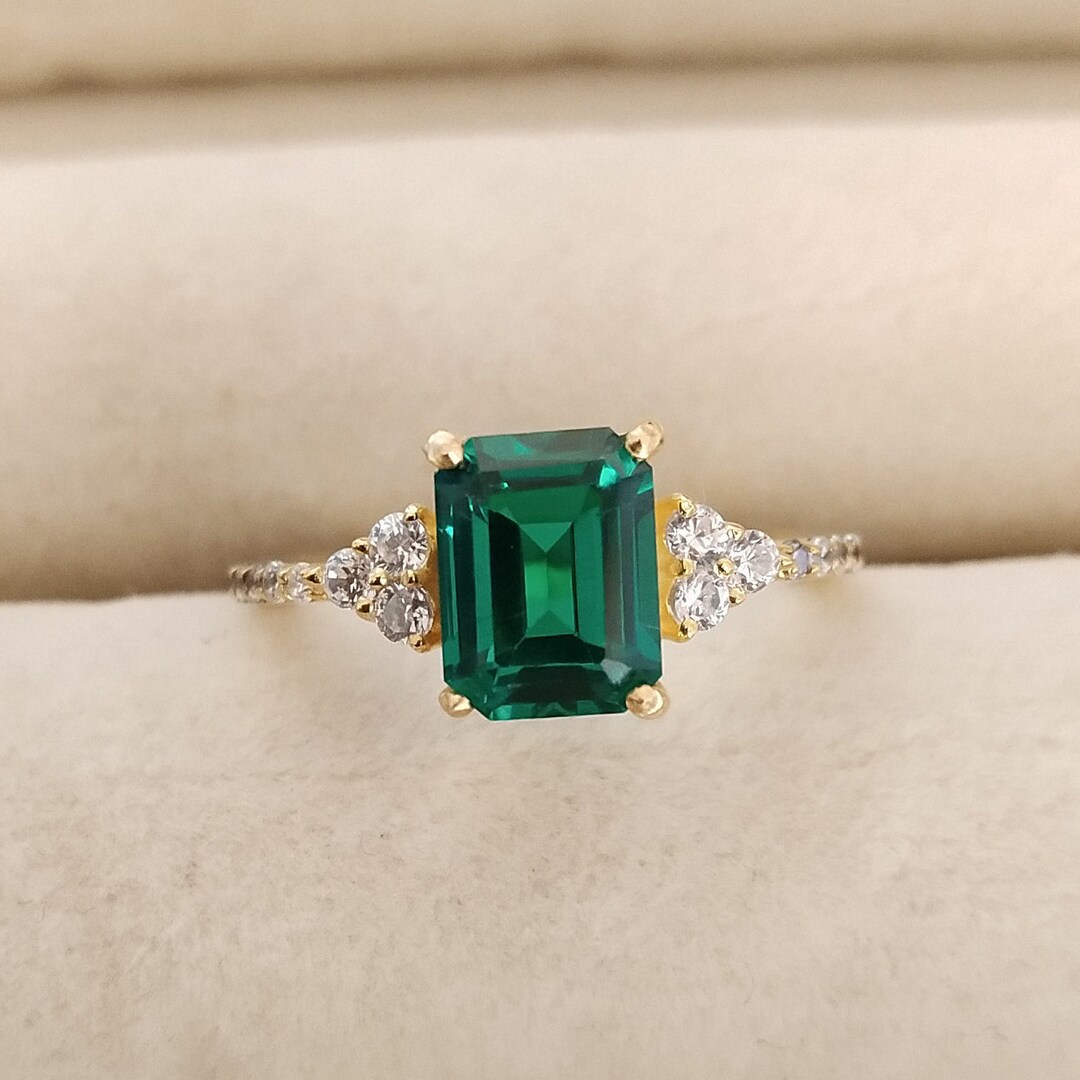 Lab Created Emerald Ring, Octagon Cut Lab Emerald Ring, 925 Sterling Silver Ring, Best Ring for