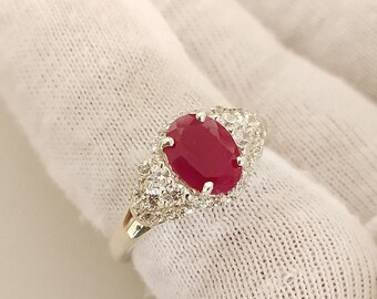 Natural Red Ruby Halo Ring, 925 Sterling Silver Ring, Natural Ruby Ring, Faceted Ruby Ring, July Birthstone Ring, Wedding Ring,Ring for Gift