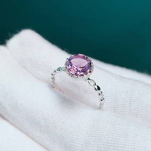 Anillo de amatista Rose De France, anillo de plata de ley 925, anillo de plata de amatista rosa, anillo de amatista de corte redondo, anillo rosa de Francia