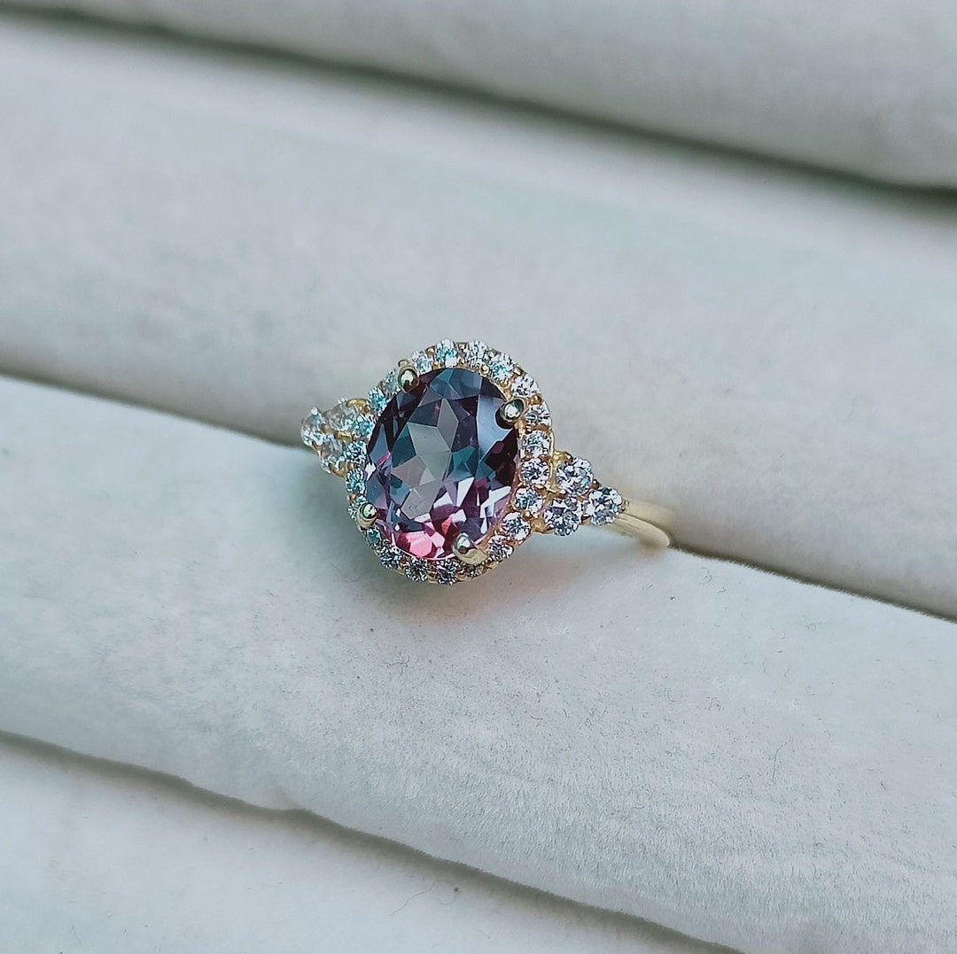 Alexandrite Halo Ring, Lab Created Alexandrite Ring, 925 Sterling ...