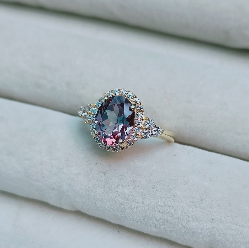 Alexandrite Halo Ring Lab Created Alexandrite Ring 925 Etsy