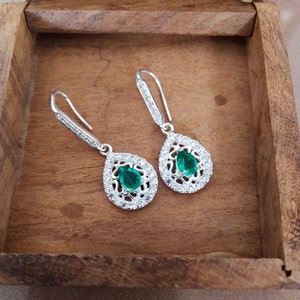Laboratorio creato orecchini di smeraldo, 925 Sterling orecchini d'argento, pera taglio laboratorio creato orecchini smeraldo, creato smeraldo dangle & Drop orecchini