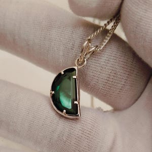 Green Teal sapphire necklace, 25 sterling silver necklace, D shape green sapphire pendant, sapphire silver necklace