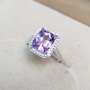 Natural Rose de France Amethyst Halo Ring 925 Sterling Silver Ring cushion cut pink Amethyst Silver Ring cushion cut rose de France amethyst