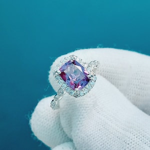 Alexandrite Ring, Lab Created Alexandrite Halo Ring, 925 Sterling Silver Ring, Color Change Stone Ring, Cushion Alexandrite Ring