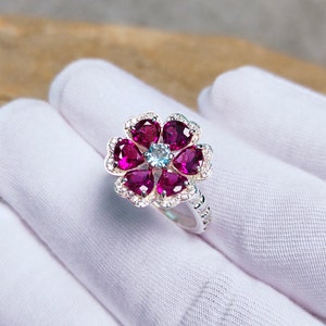 Rhodolith Granat Ring, Blumen Design Ring, 925 Sterling Silber Ring, Runder Aquamarin Ring, Rhodolith Granat Cluster Ring, Granat Halo Ring