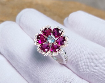 Rhodolite Garnet Ring, Flower Design Ring, 925 Sterling Silver Ring, Round Aquamarine Ring, Rhodolite Garnet Cluster Ring, Garnet Halo Ring
