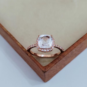 Natural white topaz halo ring, cushion cut white white topaz ring, 925 sterling silver ring, white topaz engagement ring topaz wedding ring