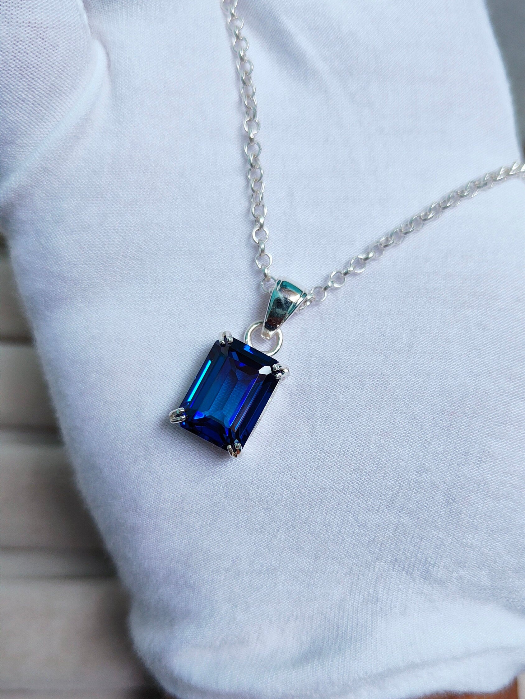Lab Created Blue Sapphire Necklace, 925 Sterling Silver Necklace