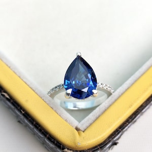 Lab Created Blue Sapphire Ring, 925 Sterling Silver Ring, Pear Cut Blue Sapphire Ring, Sapphire Silver Ring, Engagement Ring, Hand Made Ring