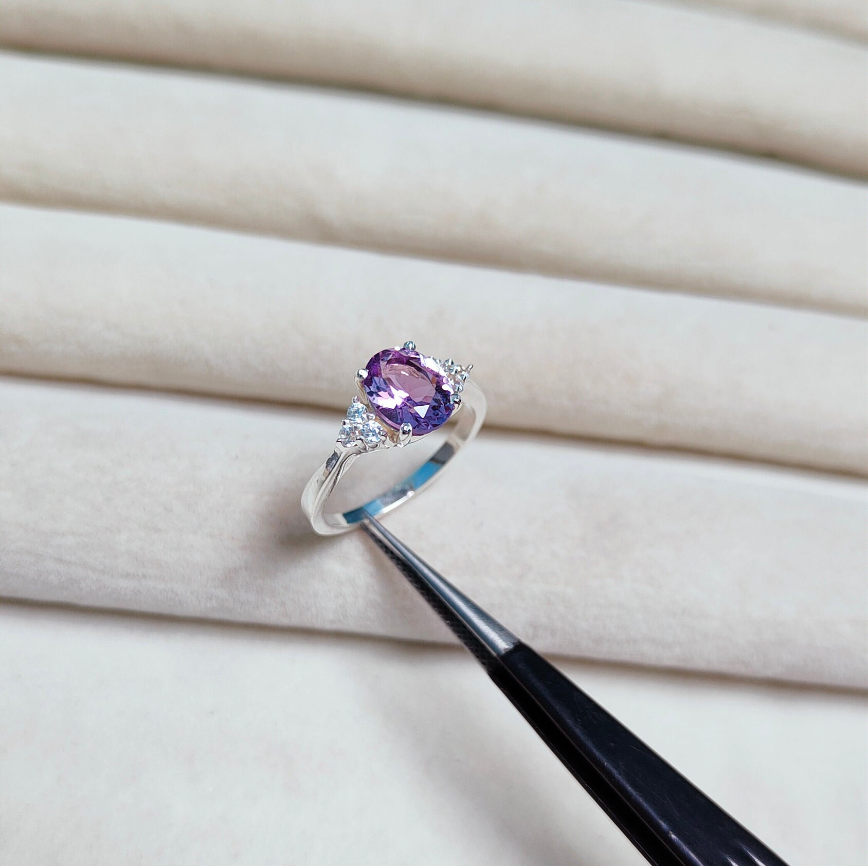 Bague Argent 925 Sterling - 3 Pierres Rose Et Saphir Blanc - Fait Main - Neuf Sans Emballage