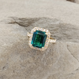 Lab Created Emerald Halo Ring, 925 Sterling Silver Ring, Lab Created Emerald Ring, Octagon Emerald Ring, Green Gemstone Ring,Engagement Ring