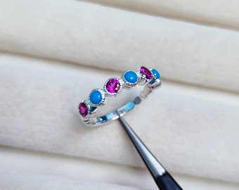 Anillo de banda turquesa, anillo de banda de granate rodolita, anillo de plata esterlina, anillo de turquesa de la Bella Durmiente, anillo de boda con múltiples piedras preciosas