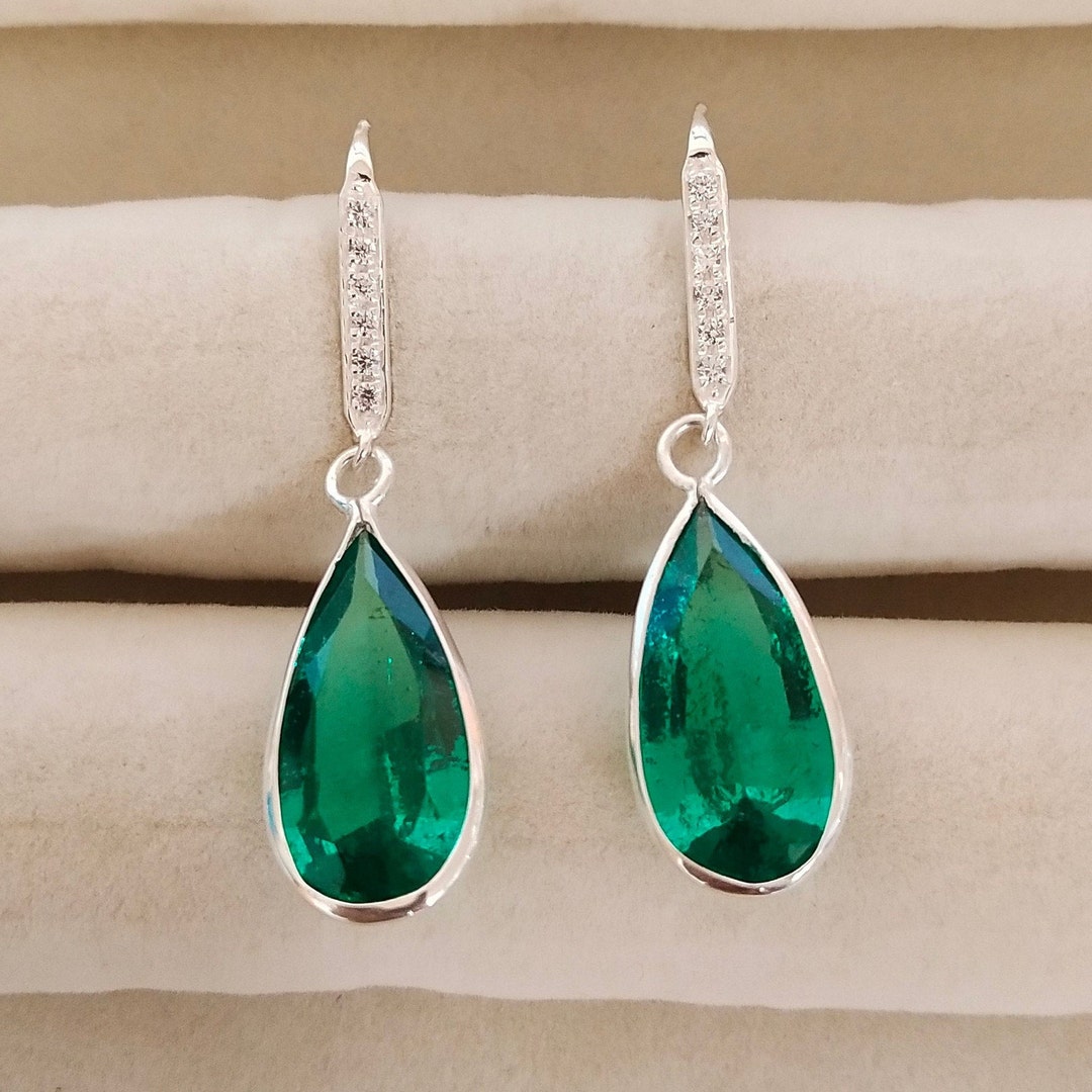Lab Created Emerald Earrings, 925 Sterling Silver Earrings, Pear Cut