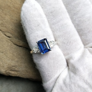 Lab Created Blue Sapphire Ring, 925 Sterling Silver Ring, Created Sapphire Ring, American Diamond, Octagon Cut Created Blue Sapphire Ring