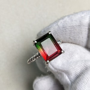 Watermelon Tourmaline Ring, 925 Sterling Silver Ring Tourmaline Doublet Quartz Silver Ring Octagon Watermelon Tourmaline Bi Color Stone Ring