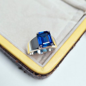Lab Created Blue Sapphire men Ring, 925 Sterling Silver Ring, Blue Sapphire Mens Ring, Octagon Sapphire men Ring, Hand made Ring