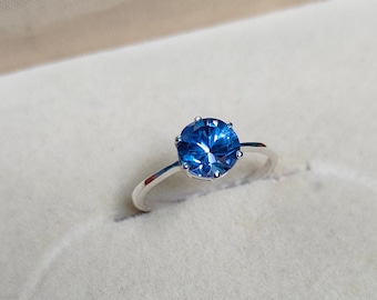 Blue Diamond Ring, Round Blue Diamond Ring, 925 sterling silver ring, Blue diamond silver ring, diamond wedding ring lab grown diamond