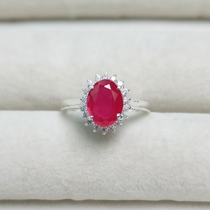 Lab Created Ruby Halo Ring, 925 Sterling Silver Ring, Red Ruby Ring, Oval Cut Ruby Ring, Engagement Ring, Wedding Ring, Ring for Gift
