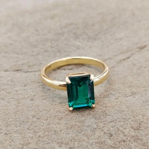 Lab Created Emerald Ring, Octagon Cut Lab Emerald Ring, 925 Sterling Silver Ring, Green Gemstone Ring, Hand Made Ring