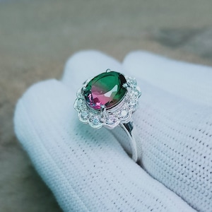 Watermelon Tourmaline Halo Ring, 925 Sterling Silver Ring Tourmaline Doublet Quartz Silver Ring, Oval Watermelon Quartz Bio color stone Ring